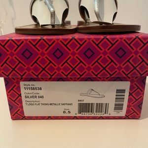 Tory Burch Silver T Logo Saffiano Flat Sandal
